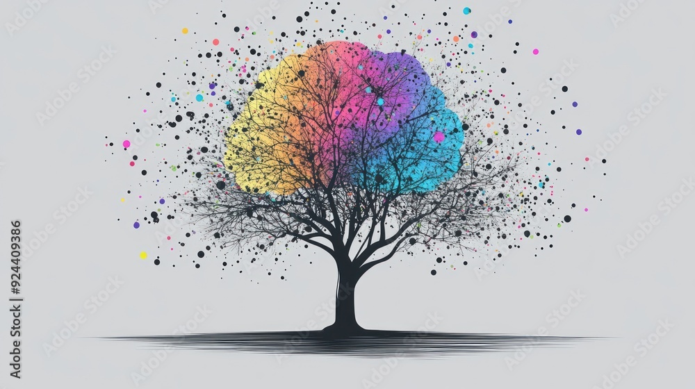 Wall mural Abstract Tree with Rainbow Crown and Colorful Dots