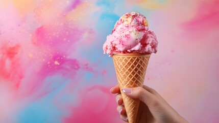 A homemade ice cream cone is elegantly held by a mannequin hand, with a backdrop of vibrant, colorful abstract art.