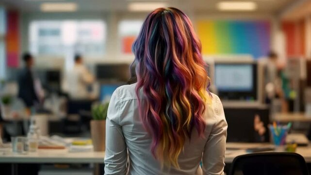 A professional woman with rainbow colored hair, a desk in an office a computer monitor on the desk, representing LGBTQ pride and the diversity in a contemporary business setting. Generative AI
