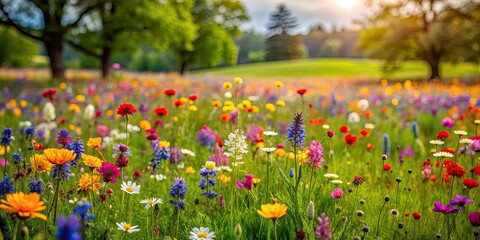 Fototapeta premium Grassy area with vibrant spring wildflowers in the background, Nature, Scenic, Landscape, Fresh, Beauty, Meadow, Blooms, Flora