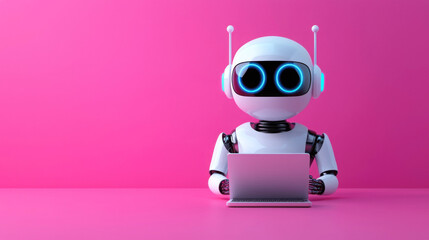 A friendly robot sitting at a pink desk with a laptop, showcasing technology and innovation in a vibrant modern setting.