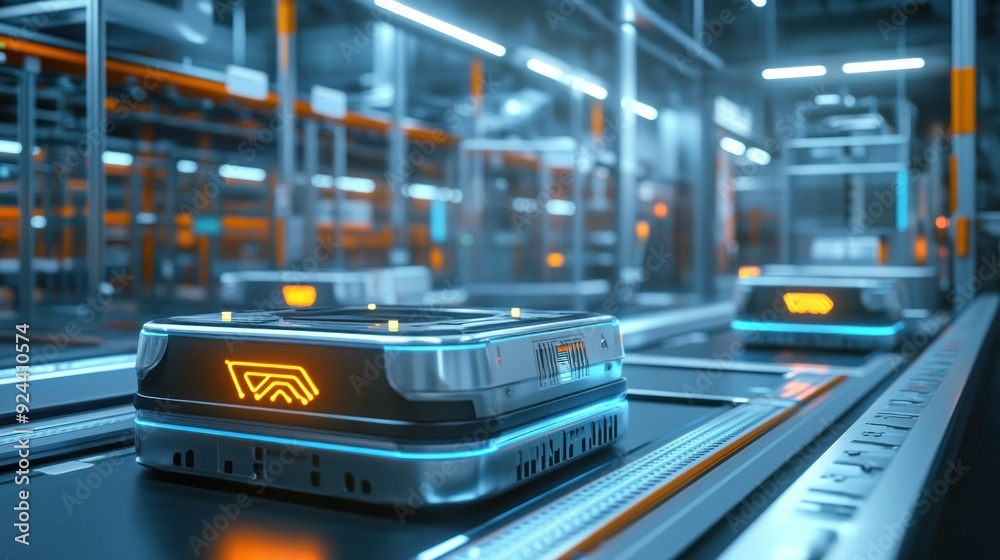 Poster automated guided vehicle moving on a conveyor belt in a modern warehouse