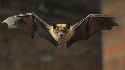 A bat is depicted in mid-flight, with wings fully extended and a focused gaze. The bat's body is covered in fine, light brown fur, while its wings are dark and leathery. The backdrop is a blurred mix 