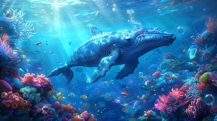Fototapeta premium A whimsical cartoon underwater scene with cute sea animals like whales, rays, and sea turtles exploring vibrant coral reefs, colorful corals, and playful bubbles.