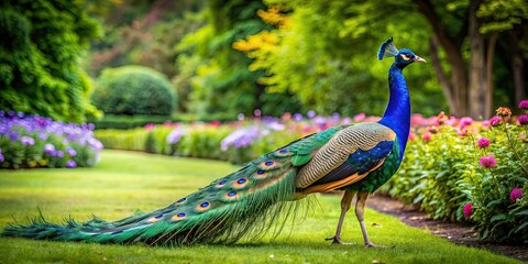 Beautiful peacock with vibrant feathers walking in a lush garden , peacock, garden, bird, feathers, colorful, nature, wildlife
