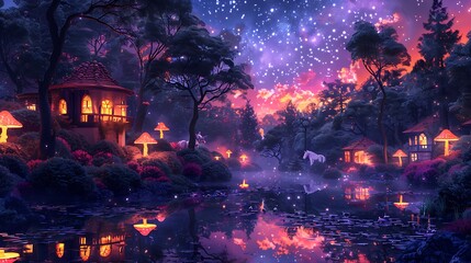 Fototapeta premium An enchanted cartoon forest scene with glowing mushrooms, unicorns, and magical creatures, whimsical trees with faces, and a starry night sky.