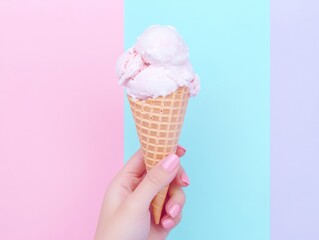 A top view captures a hand holding a homemade ice cream cone against a vintage pastel background. 