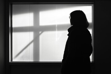 A person standing in front of a window, with the window frame aligning perfectly with their silhouette
