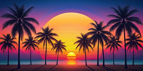 Retro style tropical sunset with palm trees, retro, vintage, tropical, sunset, palm trees, palm leaves, beach, summer, vacation