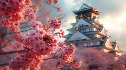 Naklejka premium A beautiful photograph of Osaka Castle with cherry blossoms, springtime ambiance, pink petals contrasting with the historic architecture, sunlight filtering through the trees, peaceful and serene,