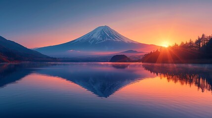 A breathtaking view of Mount Fuji at sunrise, soft pastel hues in the sky, the mountain's peak bathed in gentle morning light, tranquil lake in the foreground, serene and calm, detailed and vivid,
