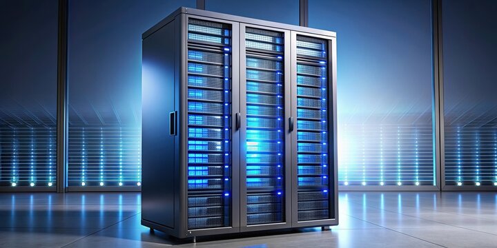 Futuristic server rack with sleek design and advanced technology, rendering, server room, data center, technology, network