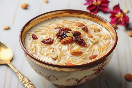 Khir or kheer payasam also known as Sheer Khurma Seviyan consumed especially on Eid or any other festival in India/Asia. Served with dry fruit toppings in a ceramic bowl
