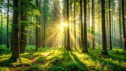 A serene background of a lush forest with sunlight filtering through the trees, forest, nature, background, green