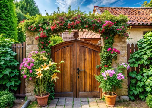 Delicate ivy, stately lilies, and fragrant celinda flowers beautifully frame a charming wooden gate with a rustic roof in a tranquil town house patio.