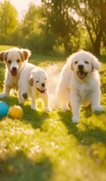 Puppy Playtime: Enter a backyard where a group of playful puppies are frolicking, chasing each other, and enjoying a sunny day.