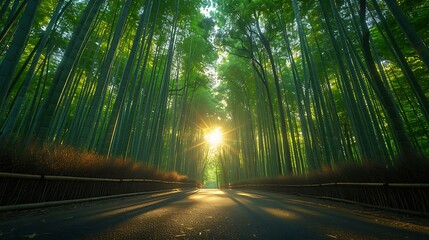 A captivating photograph of Arashiyama Bamboo Grove, sunlight streaming through the dense bamboo, casting intricate patterns on the forest floor, tranquil and serene atmosphere, vivid greens,
