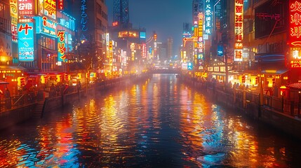 Obraz premium A captivating photograph of Dotonbori, Osaka, neon signs glowing brightly, bustling streets filled with people, reflections on the canal creating a magical effect, rich colors, hd quality,
