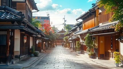 Naklejka premium A captivating photograph of Gion, Kyoto, geishas in traditional kimonos, wooden houses with intricate details, soft sunlight casting gentle shadows, peaceful and cultural atmosphere, rich colors,
