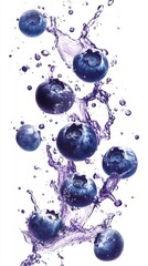 A dynamic explosion of blueberry juice, with vibrant splashes and droplets in shades of deep purple against the white background. The focus is on capturing the energetic movement of liquid