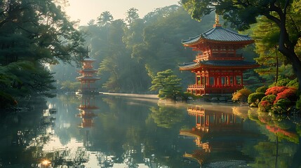 Obraz premium A captivating photograph of Kenrokuen Garden in Kanazawa, tranquil pond reflecting the lush greenery and traditional pagodas, warm sunlight highlighting the scene, serene and peaceful atmosphere,