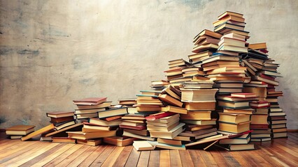 Obraz premium Books piled on the floor in a messy stack , education, literature, reading, library, disorganized, clutter