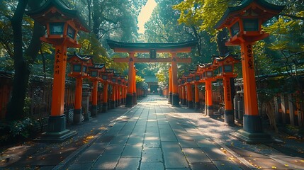 A captivating scene of Fushimi Inari Shrine in Kyoto, red torii gates lining a winding path, gentle sunlight filtering through the trees, peaceful and tranquil ambiance, vivid colors, hd quality,