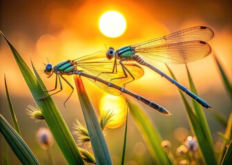 Delicate narrow-winged damselflies perch on swaying grass blades, their iridescent bodies glowing amidst soft, warm light of a serene golden hour sunset or sunrise backdrop.