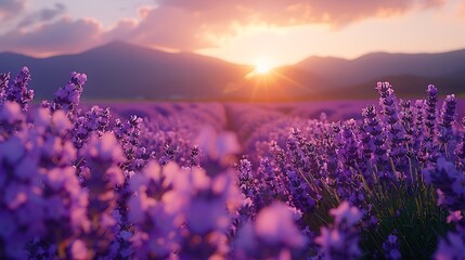 A captivating view of Furano’s lavender fields in full bloom, vibrant purple flowers stretching into the horizon, gentle morning light, peaceful and serene setting, vivid colors, hd quality,