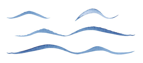 A set of artistic sea waves isolated on a white background, watercolor illustration, hand-drawn. A decorative element for design and decoration. Wavy abstract lines in shades of blue.