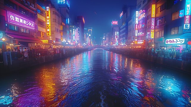 A captivating view of Dotonbori at night, vibrant neon signs reflecting off the canal, busy streets with lively crowds, iconic Glico Man sign glowing brightly, energetic and vibrant atmosphere,