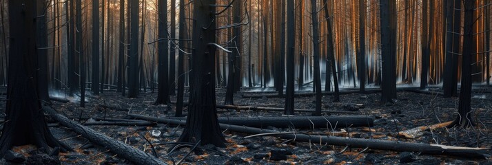 Aftermath of a forest fire with charred trees in a woodland, perfect for wallpaper design.