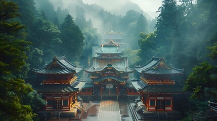 Obraz premium A captivating view of Nikko temples, intricate architecture enveloped by towering cedars, gentle sunlight casting dappled shadows, peaceful and serene setting, rich colors, hd quality, natural look.