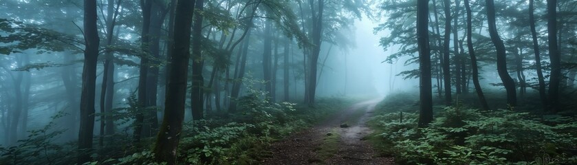 Fototapeta premium A tranquil, winding path disappears into the misty forest, where towering trees guard the secrets hidden within, creating an enchanting atmosphere full of mystery and solitude.