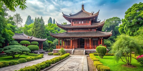 Fototapeta premium Traditional Chinese temple surrounded by lush greenery in the park, Chinese, temple, traditional, architecture, park
