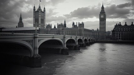 Naklejka premium Black and White View of the Houses of Parliament and Big Ben
