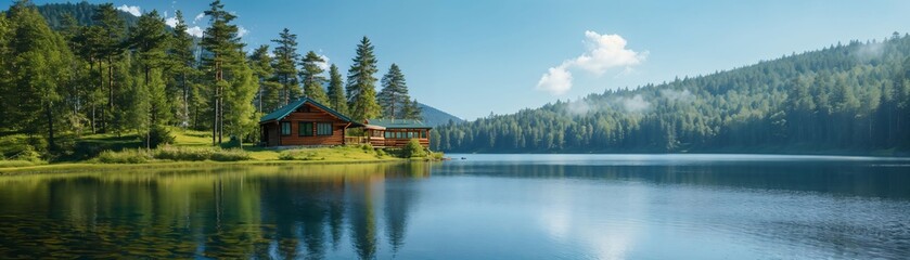 Fototapeta premium An idyllic lakeside cabin set against stunning mountains and lush forests, evoking tranquility, harmony, and a connection with nature that enchants all who behold it.