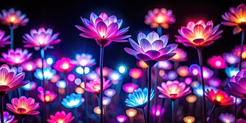 Obraz premium Beautiful glowing flowers in the dark, decorative, glowing, flowers, night, dark, illumination, bright, magical, botanical