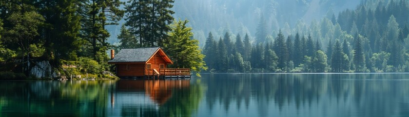 Fototapeta premium A serene lakeside retreat surrounded by lush greenery, where a cozy wooden cabin invites you to escape into nature's tranquility and charm amidst the calming reflections.