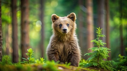 Obraz premium Adorable brown bear cub standing in a forest , wildlife, nature, animal, baby, cute, mammal, wilderness, fur, young, adorable, brown