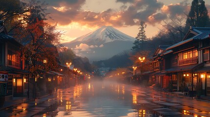 Fototapeta premium A picturesque image of Hakone's hot spring town, traditional architecture with Mount Fuji in the distance, soft evening light casting warm shadows, steam rising from the springs,