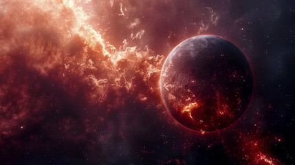 Fototapeta premium Red planet is exploding in outer space, surrounded by nebula clouds