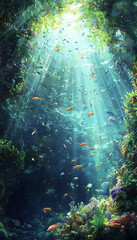 Obraz premium A vibrant underwater scene with colorful fish swimming through a sunlit coral reef.