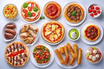 Set of various plates of food, top view, isolated on white background. Grilled chicken with vegetables, with generative ai