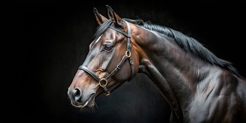 Obraz premium Black horse head close-up against dark background with contrast lighting, horse, close-up, black, head, dark, background