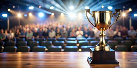 A trophy on table at awards ceremony in front of audience, trophy, table, awards, ceremony, audience, event