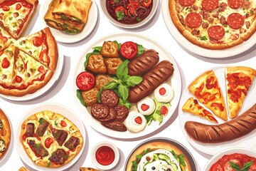 Set of various plates of food, top view, isolated on white background. Grilled chicken with vegetables, with generative ai