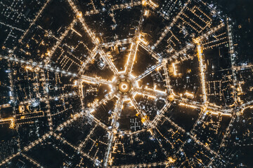 the drone view of night Tekesi（Eight-Diagram city), Xinjiang, China