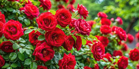 Red roses bush with vibrant red blooms and lush green leaves, flowers, red, roses, bush, garden, petals, blooming, nature