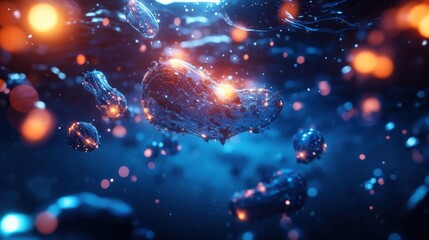 Obraz premium Plankton float in the deep ocean, surrounded by glowing pathways that visualize the carbon cycle.